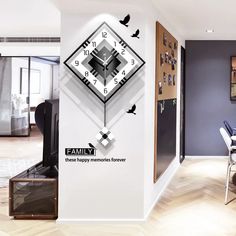 a living room with a clock on the wall next to a dining table and chairs