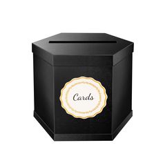 a black box with a gold and white label on the lid that says card's