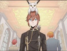 an anime character is standing in front of two other people and one has a cat on his head