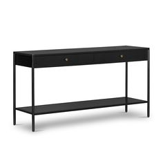 a black console table with two drawers on one side and an open shelf at the bottom