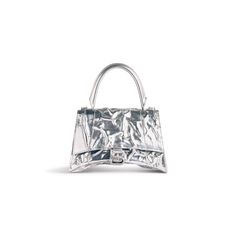 Women's Hourglass Small Handbag Crushed Effect in Silver | Balenciaga US Balenciaga Store, B Logo, Womens Designer Bags, Small Handbag, Balenciaga Bag, Woman Bags Handbags, Small Handbags, Ski Wear, Luxury Handbags