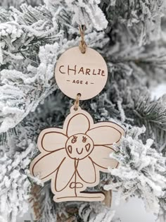 a wooden ornament hanging from the side of a snow covered pine tree with a name tag attached to it