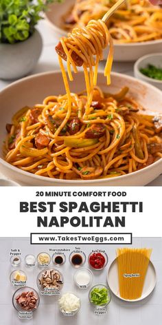 spaghetti being lifted from a bowl with the words 20 minute comfort food best spaghetti napolian