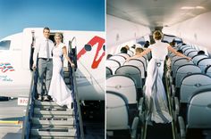 a couple getting off an airplane on their wedding day and the bride is walking down the stairs