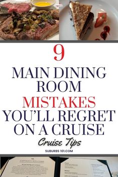 a plate with pizza and other food on it that says, 9 main dining room mistakes you'll regt on a cruise