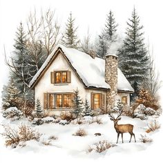 a painting of a house in the snow with a deer standing by it's side