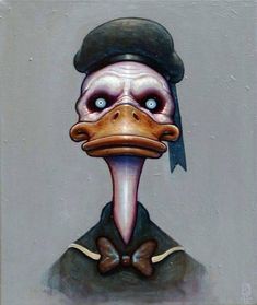 a painting of a duck with a hat and bow tie on it's head