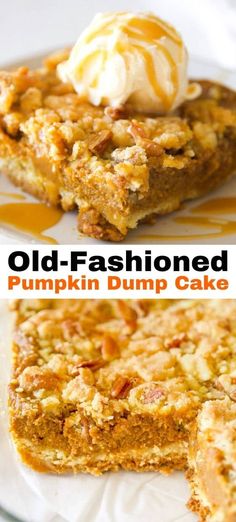 an old fashioned pumpkin dump cake with ice cream on top