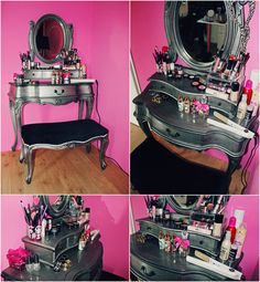 the vanity is full of cosmetics and makeup products