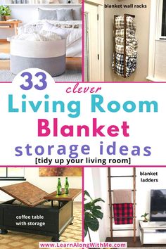 33 Blanket Storage Ideas for your living room. 
Includes:
* a blanket basket for living room
* blanket ladder ideas
* blanket storage wall racks
* and lots more...

If your blankets are cluttering up your living room, check out these blanket storage ideas.  One of these ideas will help you with living room storage and have it looking tidy and inviting...and the blankets will still be within easy reach.

Not all of these blanket storage ideas will work for you, but will one??
#blanketstorage Large Basket For Blankets Living Rooms, Storage For Pillows And Blankets, Apartment Blanket Storage, Lounge Blanket Storage, Towel And Blanket Storage, Baskets With Blankets Living Rooms, Storing Pillows Ideas, Blanket Storage On Fireplace, Where To Put Blankets In Living Room