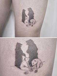 two pictures of people with tattoos on their butts and one has a bear in the middle