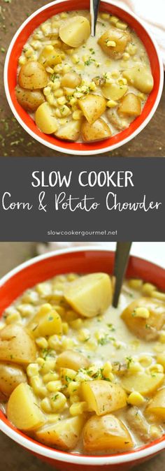 slow cooker corn and potato chowder in a red bowl with a ladle