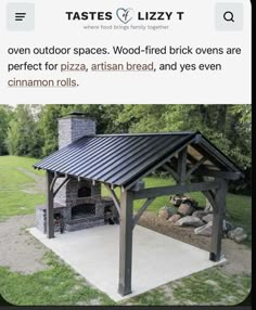 an outdoor space with a pizza oven built into the roof and covered in black metal