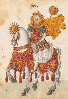 an illustration of a man riding on the back of a white horse with gold decorations