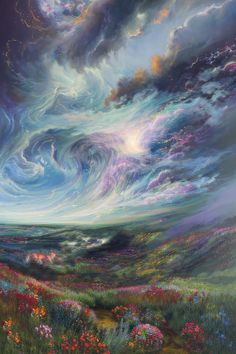 a painting of clouds and flowers in the sky