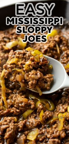 easy mississippi sloppy joes recipe in a skillet with a spoon full of them