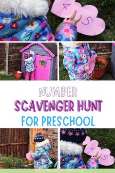 5 photos of a child dressed for the outdoors with foam hearts with numbers on. Text reads number scavenger hunt for preschool Number Scavenger Hunt, Scavenger Hunt Preschool, Number Recognition Activities, Number Recognition, Outdoor Learning, Busy Toddler, How To Set Up, Math Games