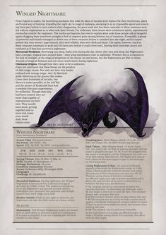 a page with an image of a dragon on it's back and the words winged nightmares