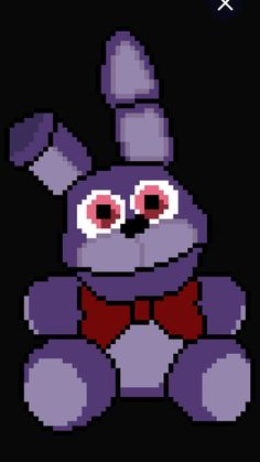 a pixellated image of a purple bunny wearing a red bow tie and hat with big eyes