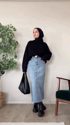 Hijab outfifs inspirational ideas with denim skirt Skirt Outfits For Hijab, Outfits For Hijab, Ootd Hijab Cardigan, Hijab Fashion Summer, Estilo Hijab, Modest Casual Outfits