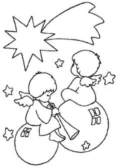 a coloring page with two children sitting on top of each other and stars above them