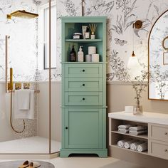 a bathroom with a green cabinet in the corner