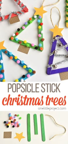 popsicle stick christmas tree craft for kids with text overlay that reads popsicle stick christmas trees