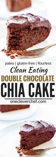 two slices of double chocolate chia cake on white plates with text overlay reading healthy double chocolate chia cake