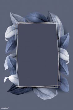 a square frame surrounded by blue leaves on a gray background with a gold border in the middle