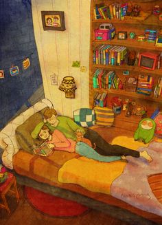 a painting of two people laying on a bed with bookshelves in the background