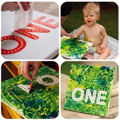 a collage of photos showing the process of making a one year old birthday card