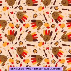 seamless thanksgiving wallpaper with turkeys and sunflowers in orange, red, yellow and brown colors