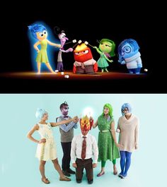 two pictures with people in different outfits and one has an image of the same character