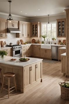 a kitchen filled with lots of wooden cabinets