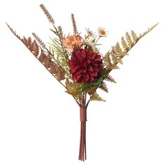 a bouquet of flowers and greenery in a vase on a white background with clippings