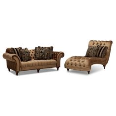 two couches and a chair are shown in this image, both have pillows on them