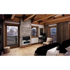 a bedroom with a stone fireplace and wooden ceiling