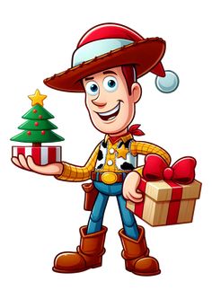 a cartoon cowboy holding a christmas tree and gift box with a smile on his face