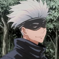 an anime character with white hair and black clothes in front of trees, looking at the camera