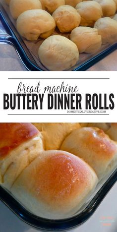 bread machine buttery dinner rolls in a casserole dish with text overlay