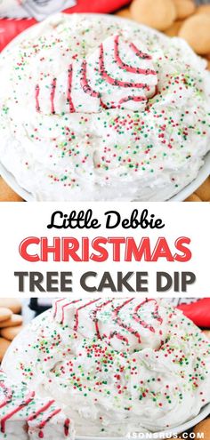 a christmas tree cake dip with white frosting and sprinkles on top