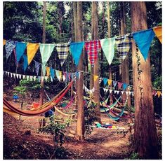 there are many colorful flags hanging in the woods