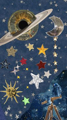 a space themed wallpaper with stars, planets and other things in the sky above it