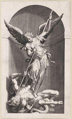 an old black and white drawing of a winged angel holding a spear with two men in the background