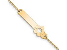 14k yellow gold children's polished flower ID bracelet. Measures approximately 1/16 of an inch in width and has a lobster claw clasp. Baby Gold Bracelet, Id Bracelets, Bangle Bracelet, Lobster Claw, Bangle Bracelets, Gold Bracelet, Bangles, Yellow Gold, Bracelet