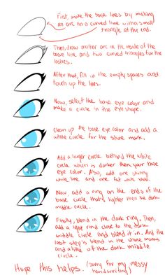 the steps to draw blue eyes with red marker on white paper and black ink, which includes