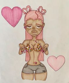 a drawing of a girl with pink hair and no shirt holding donuts in her hands