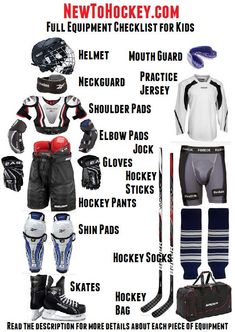 the hockey equipment list is shown in red, white, and blue with instructions for each goalie