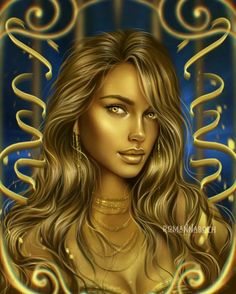 a digital painting of a woman with long blonde hair and gold jewelry on her neck