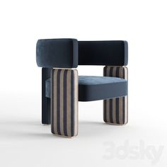 a blue and black chair sitting on top of a white floor